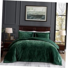Comforter Crushed Velvet Bedding for All Seasons, Luxury Queen Dark Green
