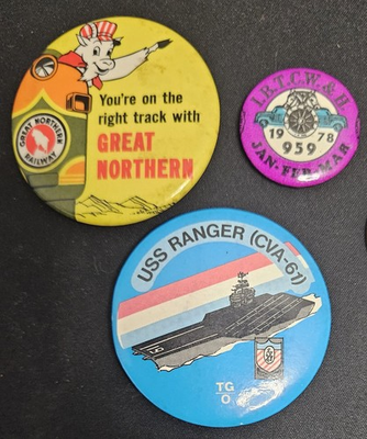 #ad Vintage Pinback Button Lot Railroad Great Northern USS Ranger Navy $27.00