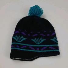 Vintage Lands End 100 Wool Thick Knit Pattern Beanie Hat Pom USA Made 90s Ski