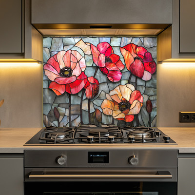 Poppy Flower Backsplash, Red Poppy Kitchen Backsplash, Floral Stove Backsplash