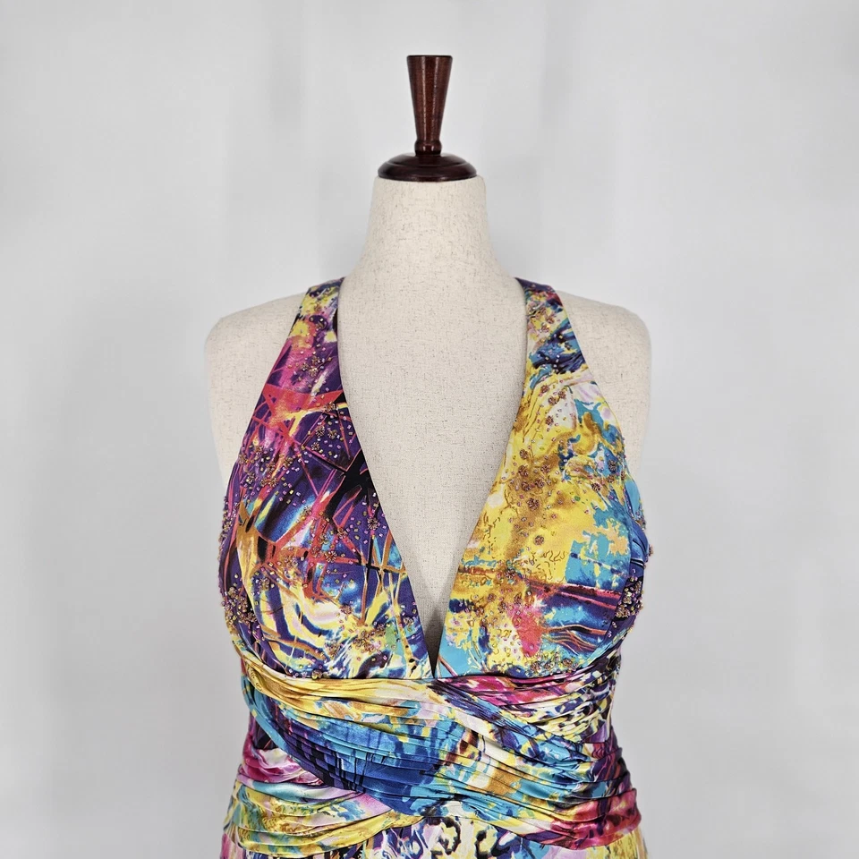 Vtg Jimmy Lee Satin Multicolor Sequins Padded Halter Maxi Dress Womens Sz XXL - Image 3 of 4