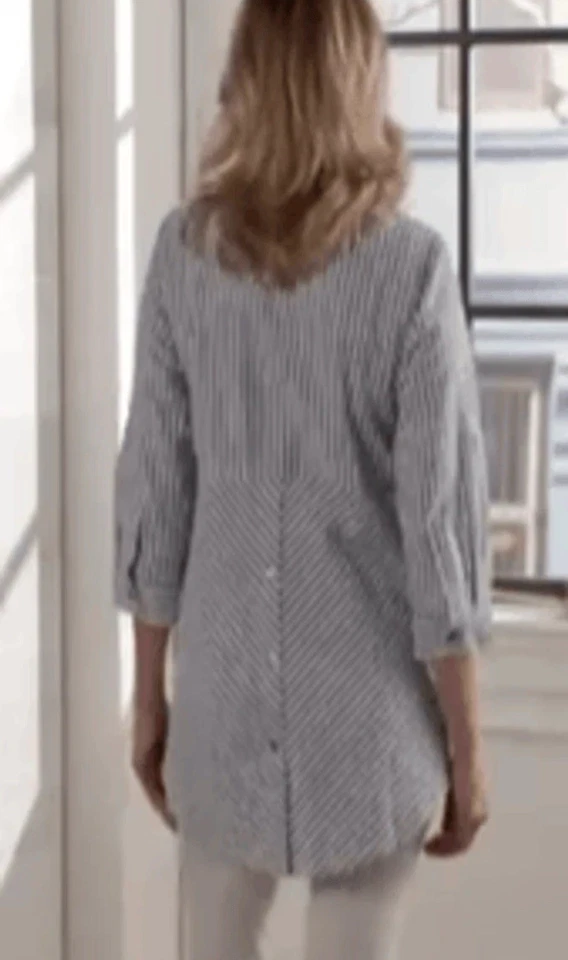 Camisa Seersucker Joan Rivers Para Mujer 3X Azul Marino Botones a Rayas Dobladillo Alto Bajo Náutica Foto 2 de 4