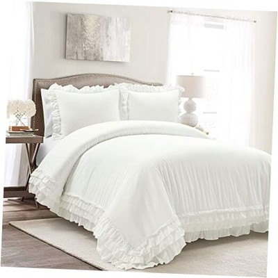  Ella Ruffle Lace 100% Cotton 3 Piece Duvet Cover Set, Full/Queen, White 