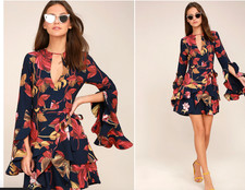 C/ MEO Dress Women Small Gossamer Navy Blue Floral Print Long Sleeve Wrap Mini