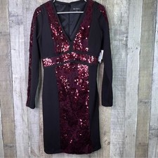 Guess Size 8 Black Mini Burgundy Body Con Sequin Cocktaill Dress Deep V-Neck