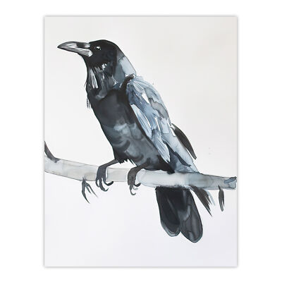 Rabe Vogel auf Baum Ast hell Aquarell Wandbild Poster Druck