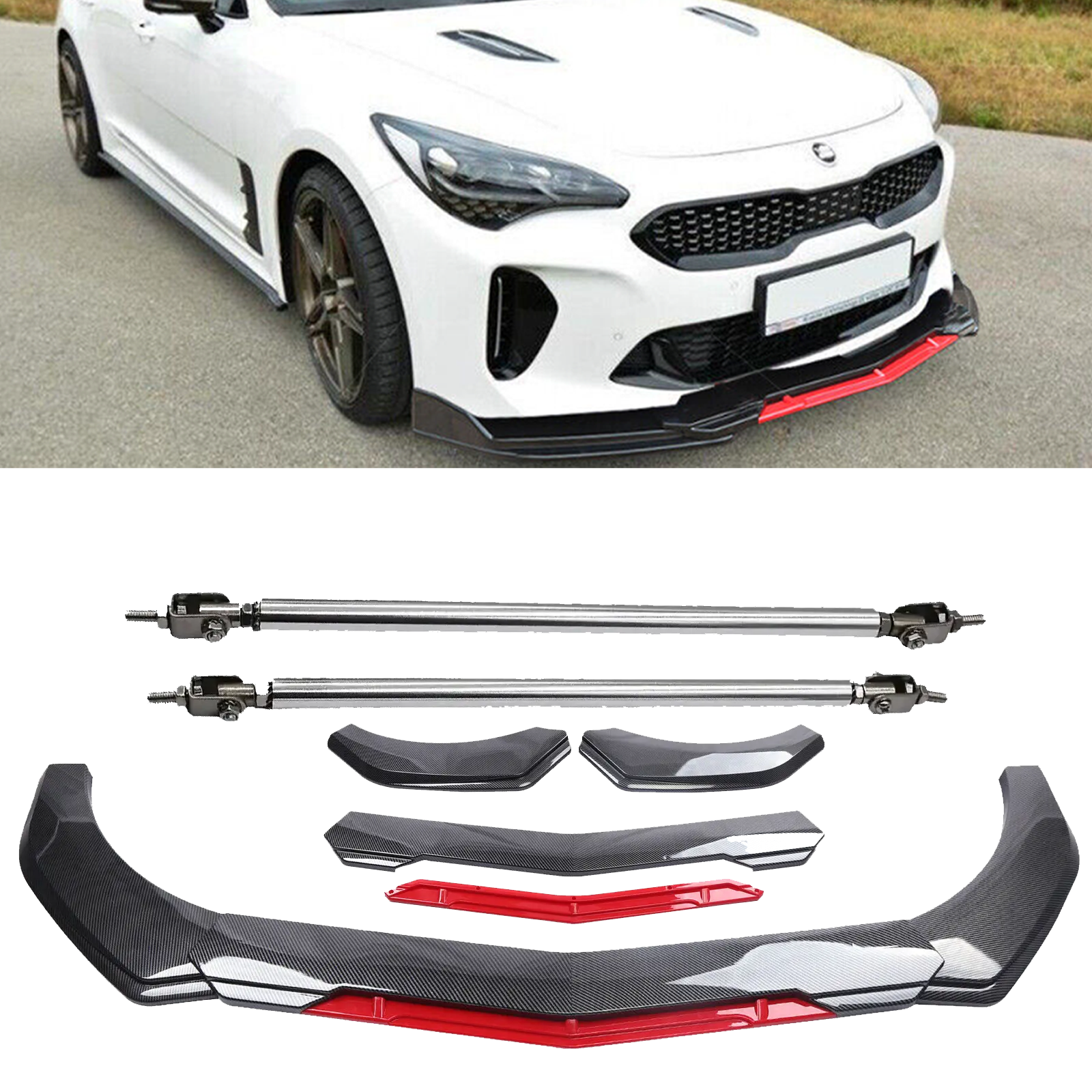 Carbon Fiber Front Bumper Lip Spoiler Splitter Strut Rod for KIA Stinger Forte