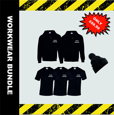 Personalisierte Arbeitskleidung Konvolut 3 T-Shirts 2 Hoodies mit durchgehendem Reißverschluss Beanie maßgeschneidert bedruckt