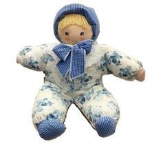 Poupée Corolle ancienne poupée chiffon blanche vichy bleu grelot 40 cm env