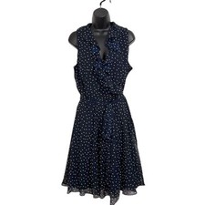 Chaps A-Line Navy & White Polka Dot Ruffle Dress Sz 14