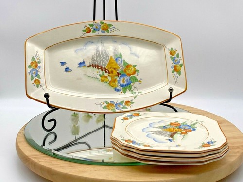 vintage porcelain 'Crown Devon' 5 pieces set 4 Dessert Plates & serving plate