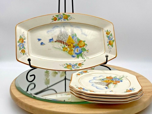 porcelaine vintage 'Crown Devon' lot de 5 pièces 4 assiettes à dessert et assiette de service - Photo 1/10