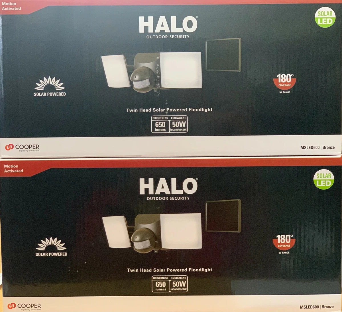LOT OF 2 Halo Solar Powered Outdoor Security Twin Head Floodlights MSLED600 NIB