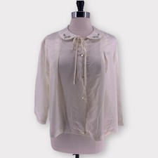 NWT VTG 1980s Barbizon Fairy Kei Coquette Cream Embroidered Satin Button Top L