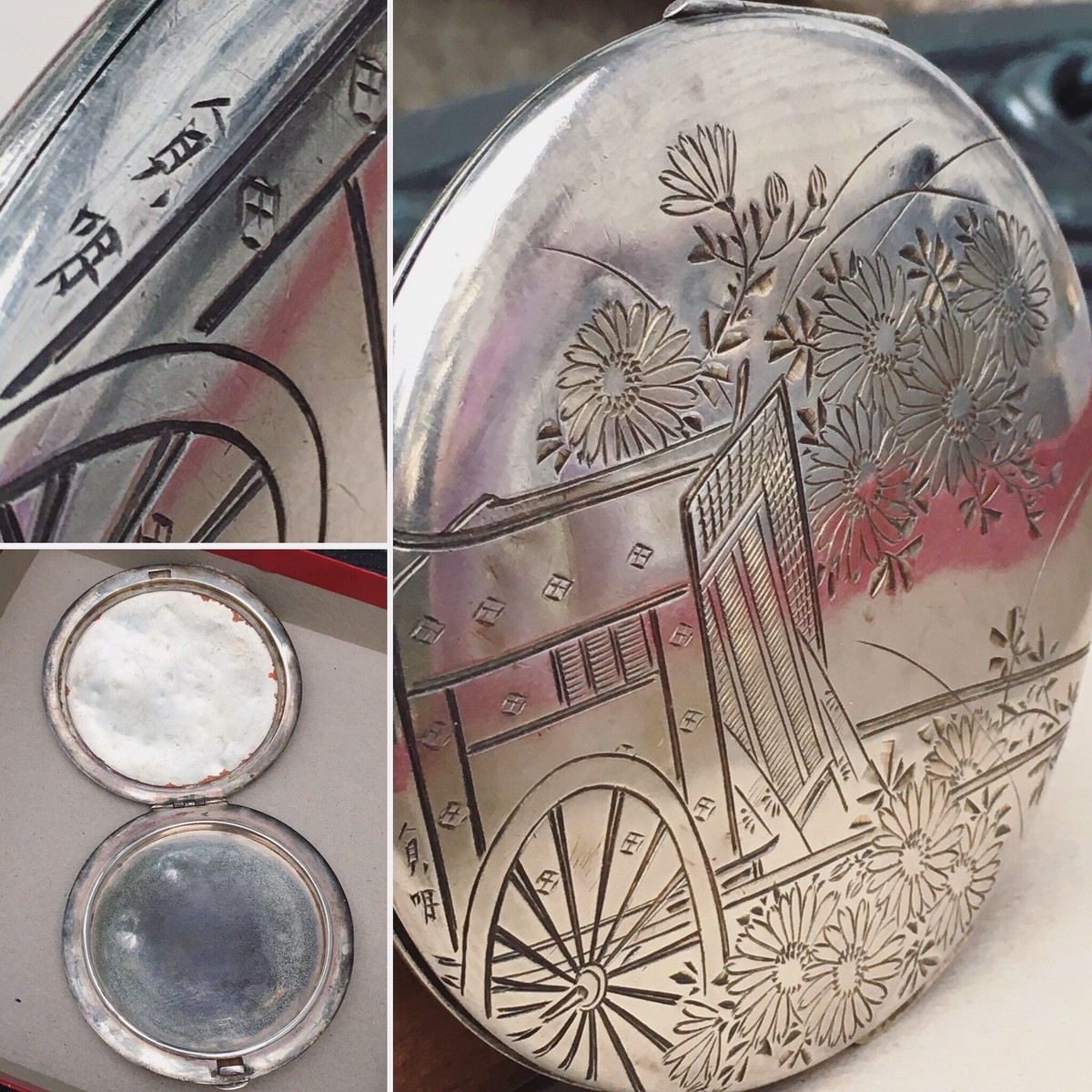 Japanese 950 Sterling Silver Etched Art Large Compact 3.8 Oz Asian