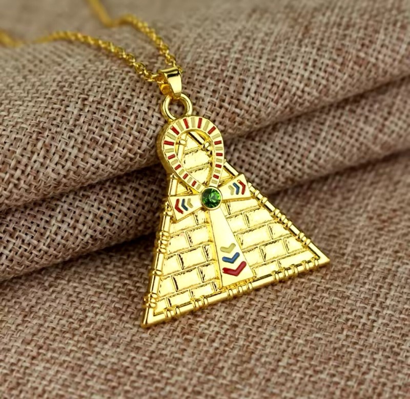 Egyptian Ankh Cross Pyramid Gold Necklace, Protection Talisman Amulet - Product main view
