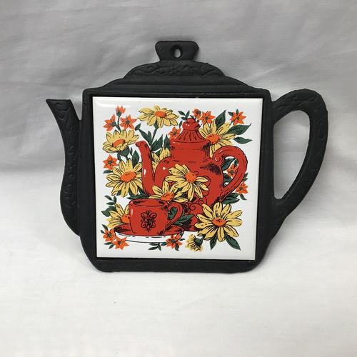 VINTAGE CATHAY GUSSEISEN FLIESEN UNTERSETZER FLORAL KAFFEE-/TEEKANNE C-3