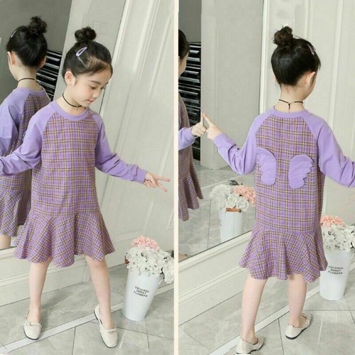 Girl Plaid Dress Fishtail Skirt Wings Ruffles Brim Shift Color Patchwork Fashion - Foto 6 di 15