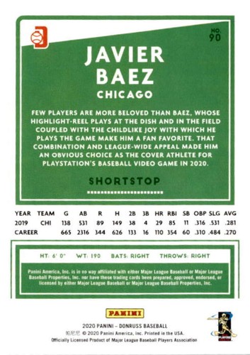 2020 Donruss Variations Career Stat Line #90 JAVIER BAEZ "El Mago" /500 Cubs - Picture 2 of 2