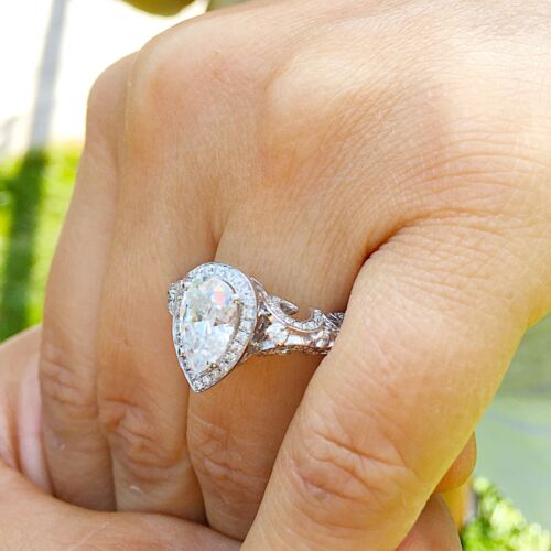 IGI CERTIFIED 14K WHITE GOLD PEAR SHAPE DIAMOND ENGAGEMENT RING HALO 2.10CT - Picture 1 of 13