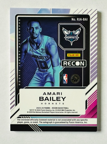 Camiseta deportiva Panini Recon Amari Bailey 2023-24 parche RC RPA #/99 ¡Novato de los Hornets! - Imagen 2 de 3