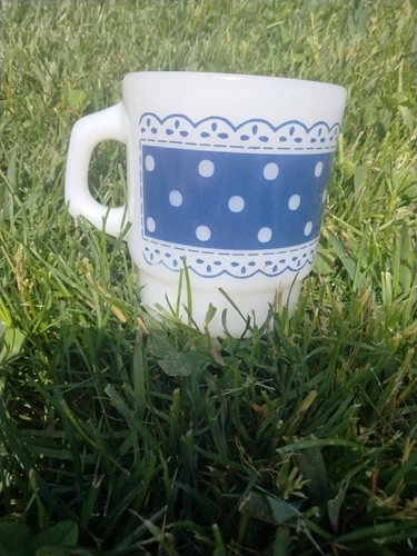 Vintage Fire King Anchor Hocking Stacking Mug Blue Polka Dot Lace Coffee Tea