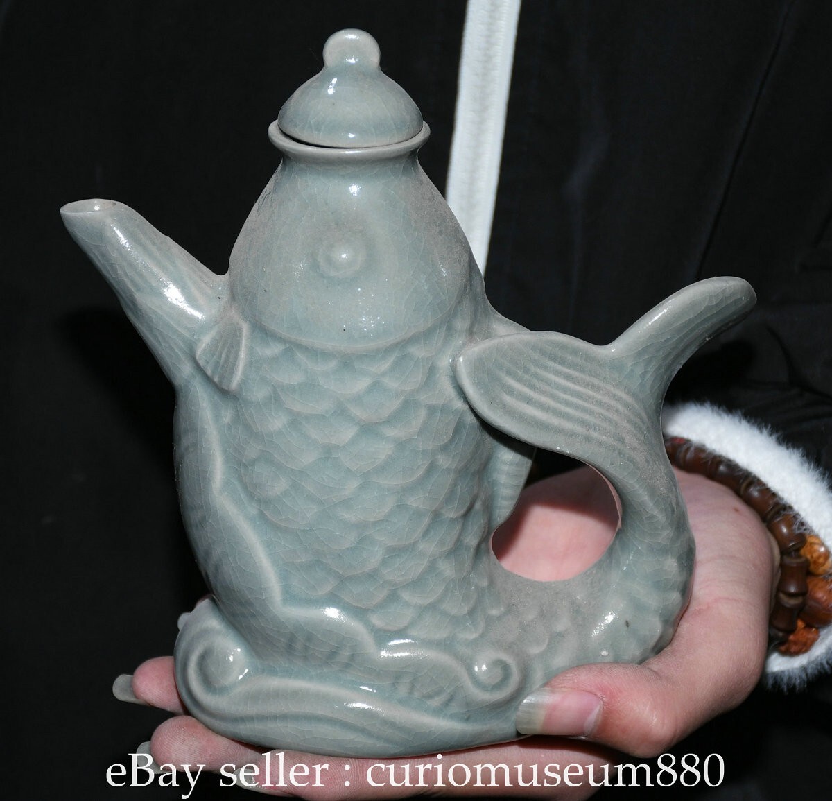 7.2" Old Chinese Ru Kiln Blue Glaze Porcelain Fish Lid Wine Tea Pot Flagon