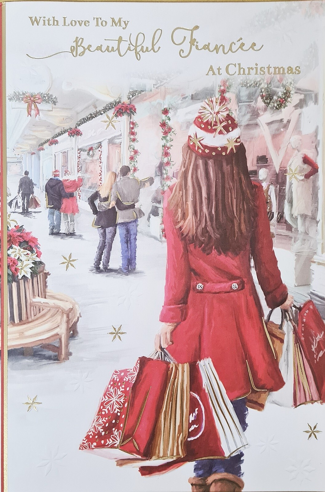 Christmas Card Beautiful Fiancée (Female) Girl Woman Shopping Gold Foil