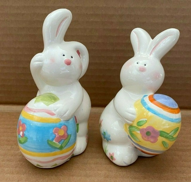 Lot of 2 Easter Bunny Ceramic Figurines Holding Easter Eggs Flowers eBay
