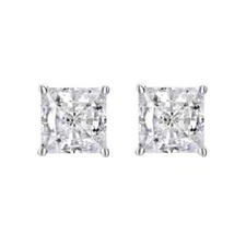 14K White Solid Gold Created White Diamond Princess Stud Earrings - D/VVS1
