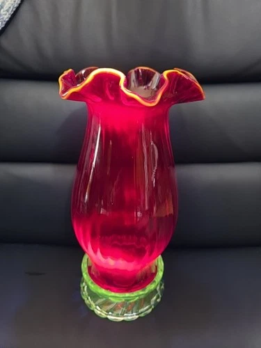 UV GLOWS Fenton Ruby Red Hurricane Glass Candleholder