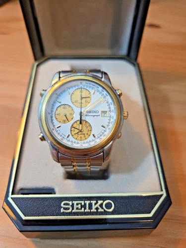 Seiko Chronograph Gold Tone Quartz Mens Watch Vintage 7T32-6G43