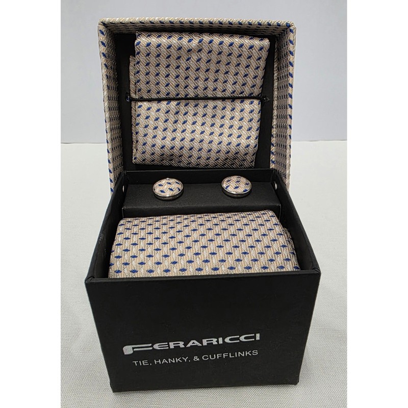 Feraricci Mens Tie Hanky Cufflinks Set Champagne Blue Geometric Formal #29