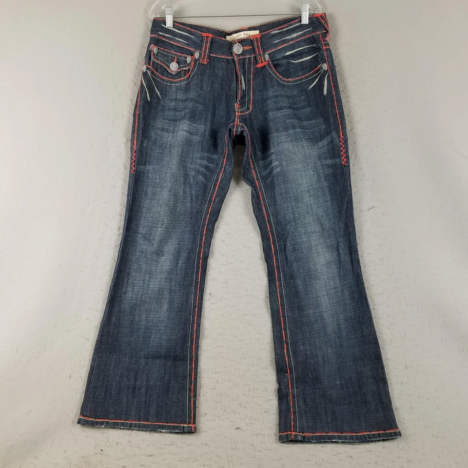 Laguna Beach Jeans Mens 32x30 Bootcut Denim Red Stitch Skull Button Distressed - Image 2 of 4