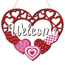 Valentines Day Welcome Door Sign Wooden Love Red Pink Heart Wreath Party