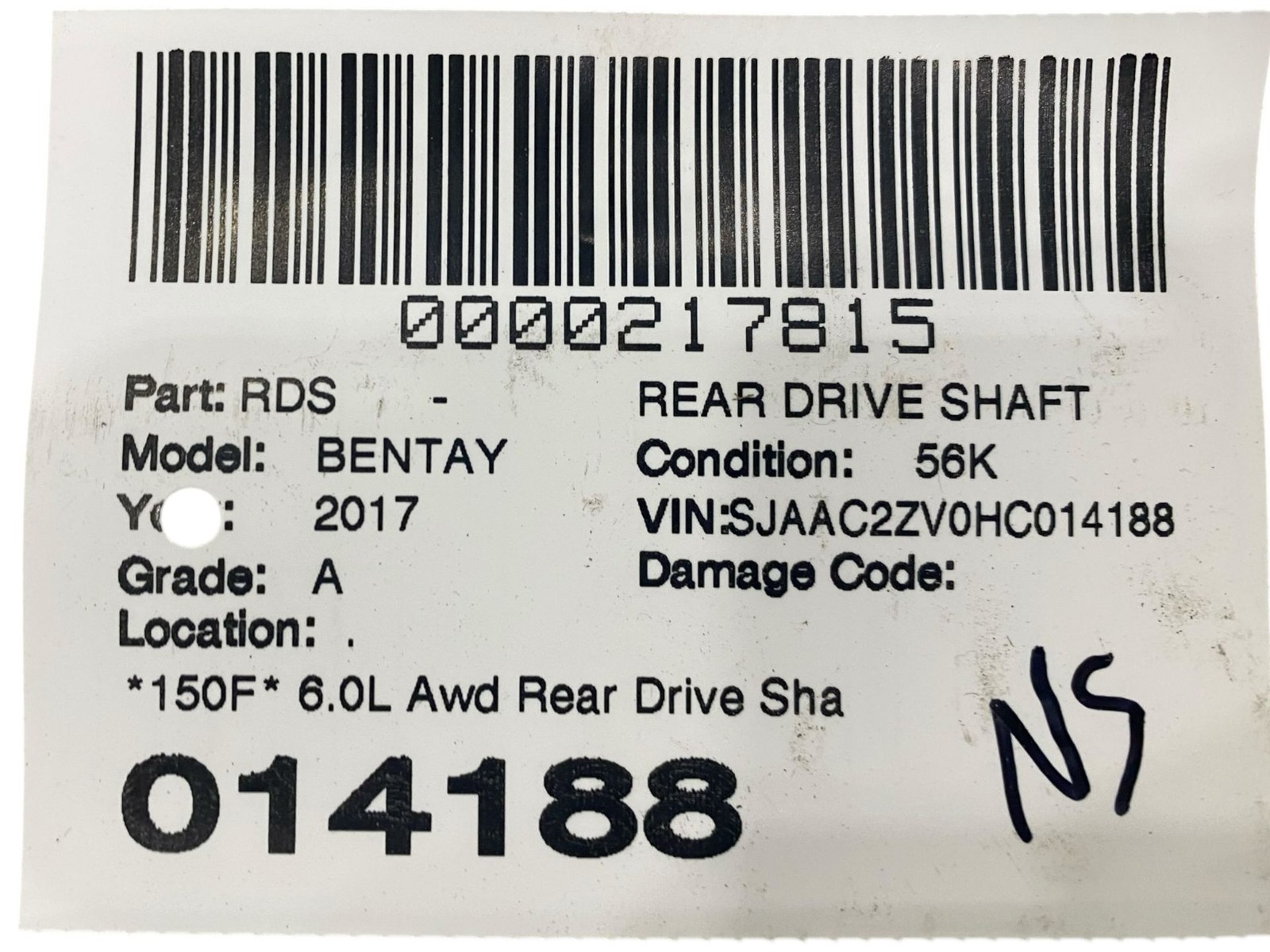 2015-2020 BENTLEY BENTAYGA OEM 6.0L Awd Rear Drive Shaft Propeller *56K Miles*