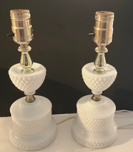 Vintage Pair of Lamps Hobnail Milk Glass 11” Tall - Both Work - No Shades