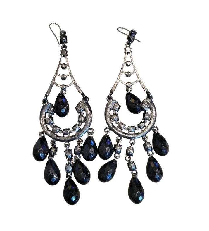 Deslumbrante Brincos de Lustre de Strass 4" Gunmetal Gota Pendurado Gancho Declaração - Imagem 4 de 4