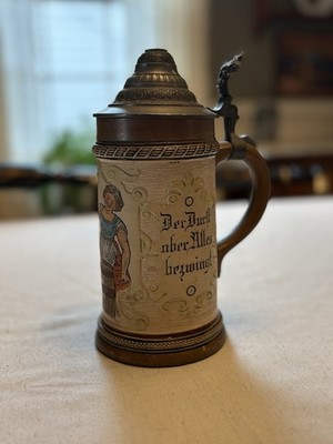 Vintage German Beer Stein Hand Painted Tavern Scene Pewter Lid Motto Panel 8 