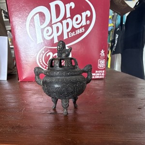 Small Black Metal Tripod Incense Burner Censer w/ Pierced Lid & Handles