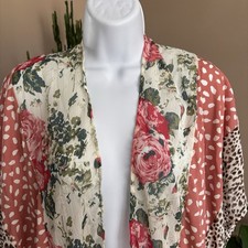 Umgee Mixed Floral Print Open Front Long Kimono Hippie Beachy Boho Festival M/L