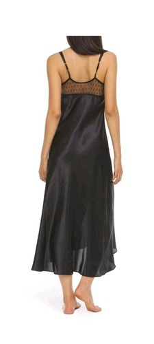 Flora by Flora Nikrooz Stella Satin Venise Trim Lingerie Nightgown Black, L - Picture 2 of 3