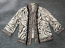 Chico  s Jacket Womens Size 1 Open Front Linen White Zebrah Pattern Fringed