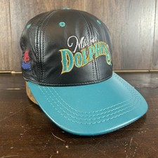 VTG Miami Dolphins Hat Leather Snapback Cap Black Teal NFL Football