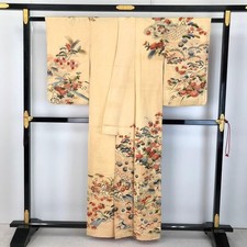 Antique Houmongi Kimono Silk Floral Seigaiha Wave Gold Japan Vintage
