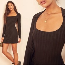 Reformation Vittoria Dress Ribbed Collar Long Sleeve Bodycon Mini Black XL