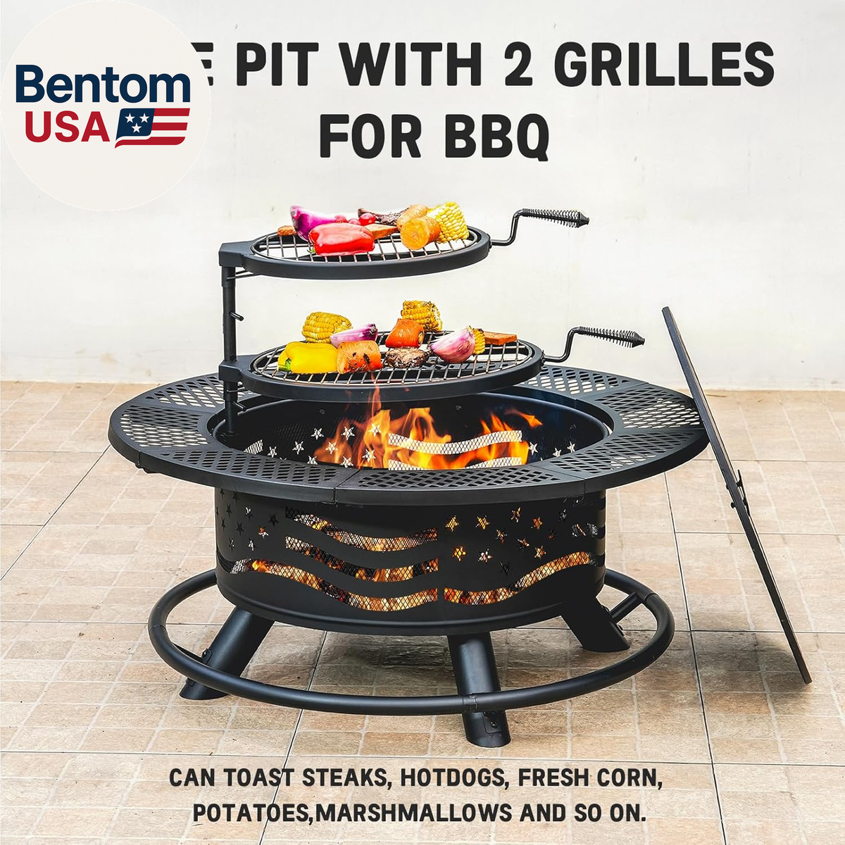 36 Inch Fire Pit with 2 Cooking Grates, Outdoor Wood Burning BBQ
