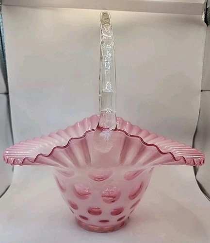 Vintage Fenton Cranberry Pink Coin Dot Opalescent Glass Basket 8" W/Ruffled Rim