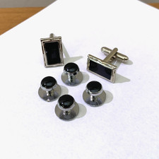 Tuxedo Shirt Dress Studs Set of 4  Cufflinks Silver/Black Plastic Metal-look