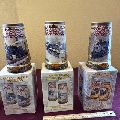 Coors Rocky Mountain Train Series 3-pice Starter LOT Beer Steins Boxed Coker